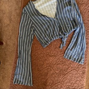 Blue crop top striped long sleeve, button and tie